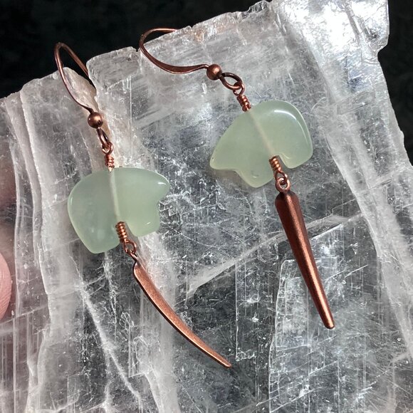 Green New Jade Serpentine Zuni Bear and Copper Dagger Dangly Earrings - Picture 7 of 7